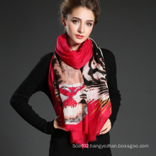 Lady Long Wool Tiger Pattern Digital Printing Red Scarf Muffler